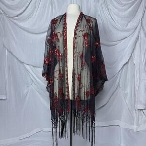 Vintage Indie Boho Grunge Black and Red Sequined Floral Sheer Kimono with Fringe